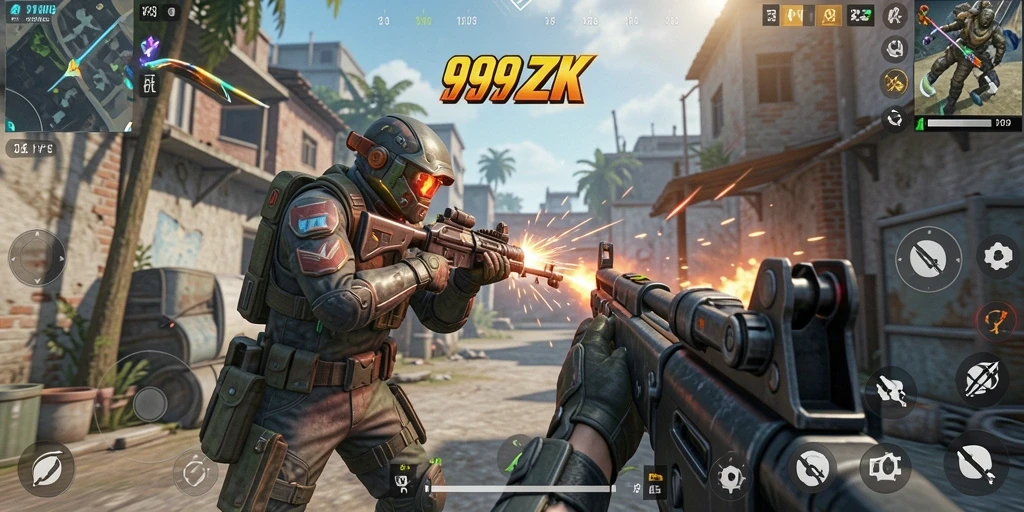 Tangkapan layar menunjukkan aksi intens dalam permainan FPS 999ZK.