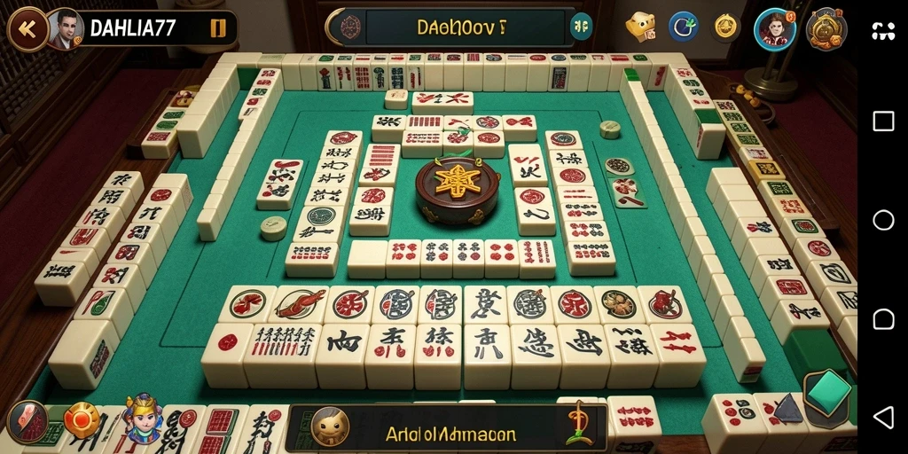 Tampilan gameplay menarik dari DAHLIA77 dengan desain Mahjong yang cerah.