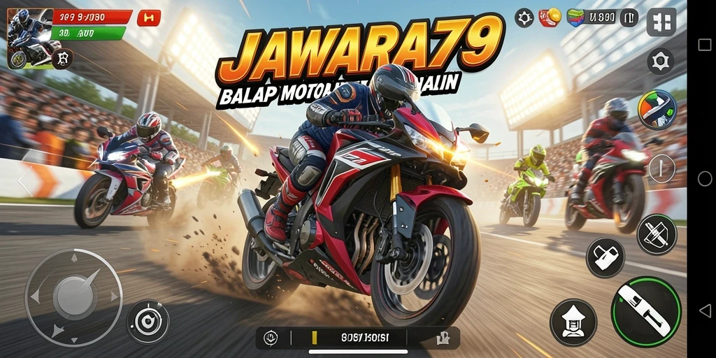 Screenshot JAWARA79 menampilkan aksi balap motor yang mendebarkan.