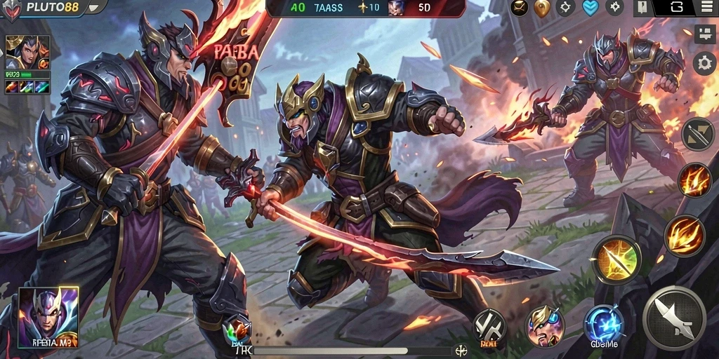 Screenshot gameplay PLUTO88 menampilkan aksi pertempuran MOBA yang intens.