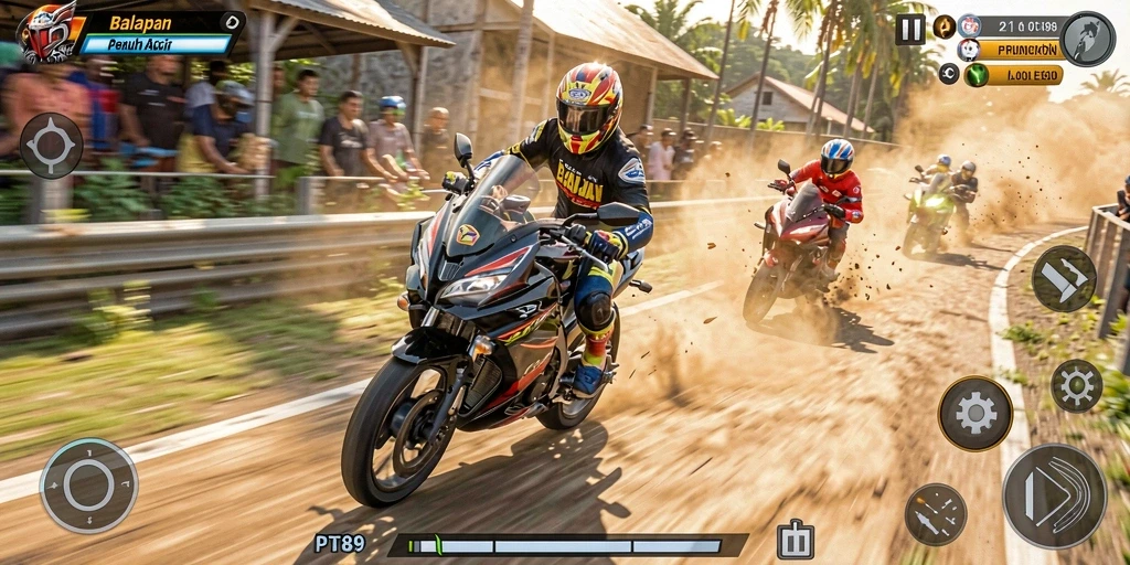 Gameplay balap motor yang penuh aksi dan menegangkan.