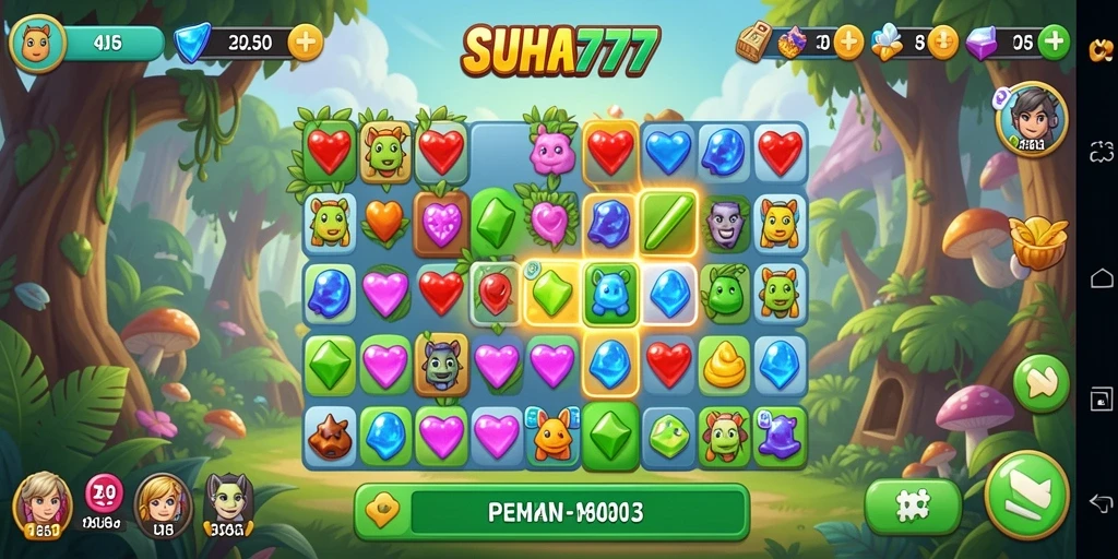 Screenshot utama SUHU777 menunjukkan gameplay seru Match-3 yang penuh warna.