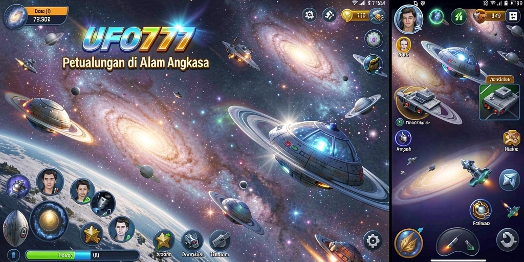 Tangkapan layar gameplay yang menakjubkan dari UFO777 di luar angkasa.